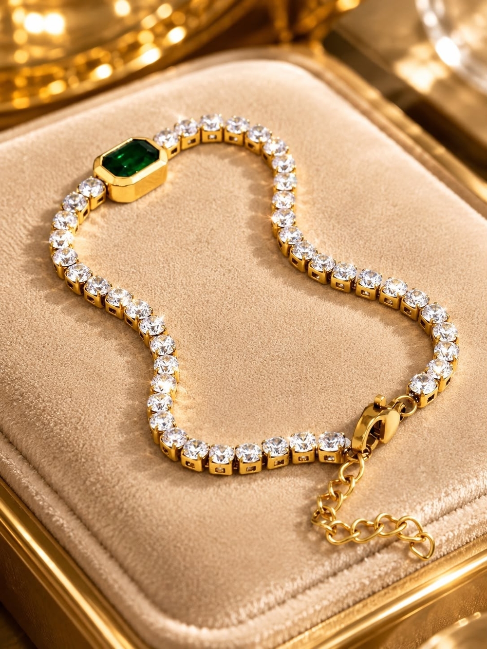 Gold Tennis Bracelet with Emerald Accent